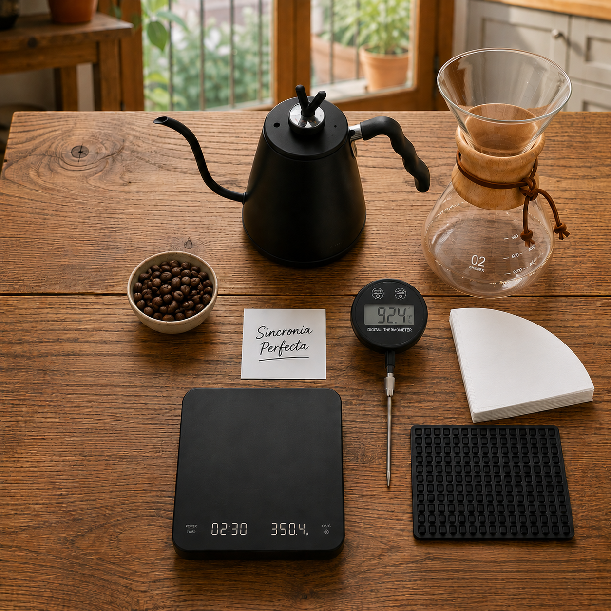 Kit Chemex PRO: Chemex, tetera, termometro, gramera, filtros