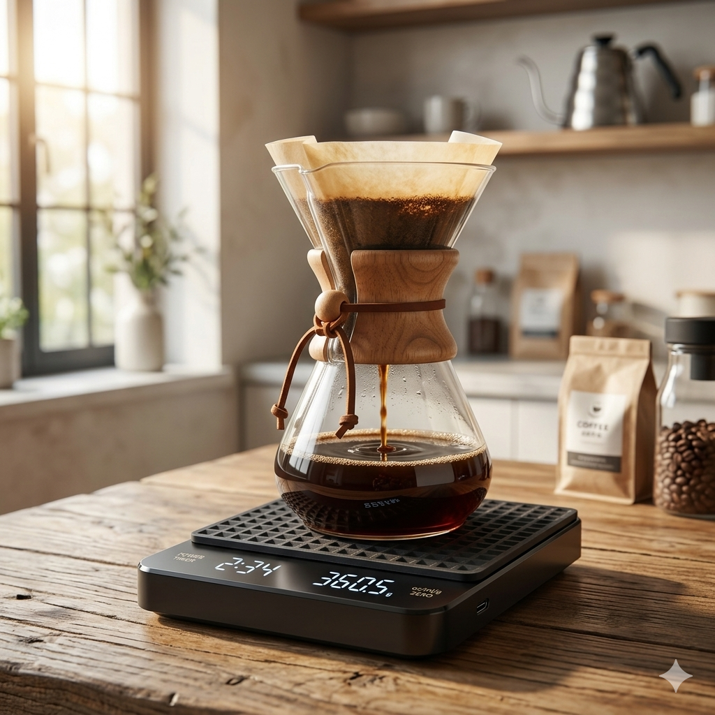 Gramera digital negra para café mostrando pantalla LED con peso y tiempo sobre fondo de madera