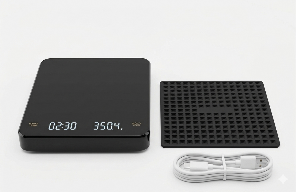 Kit completo de gramera cafetera, cable USB-C y tapete de silicona sobre superficie blanca