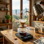 Persona vertiendo agua en una cafetera V60 sobre la gramera con tapete de silicona protector